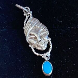 Sterling Silver 925 Turquoise Tribal Mask Pendant – Vintage Face Charm/Pendant